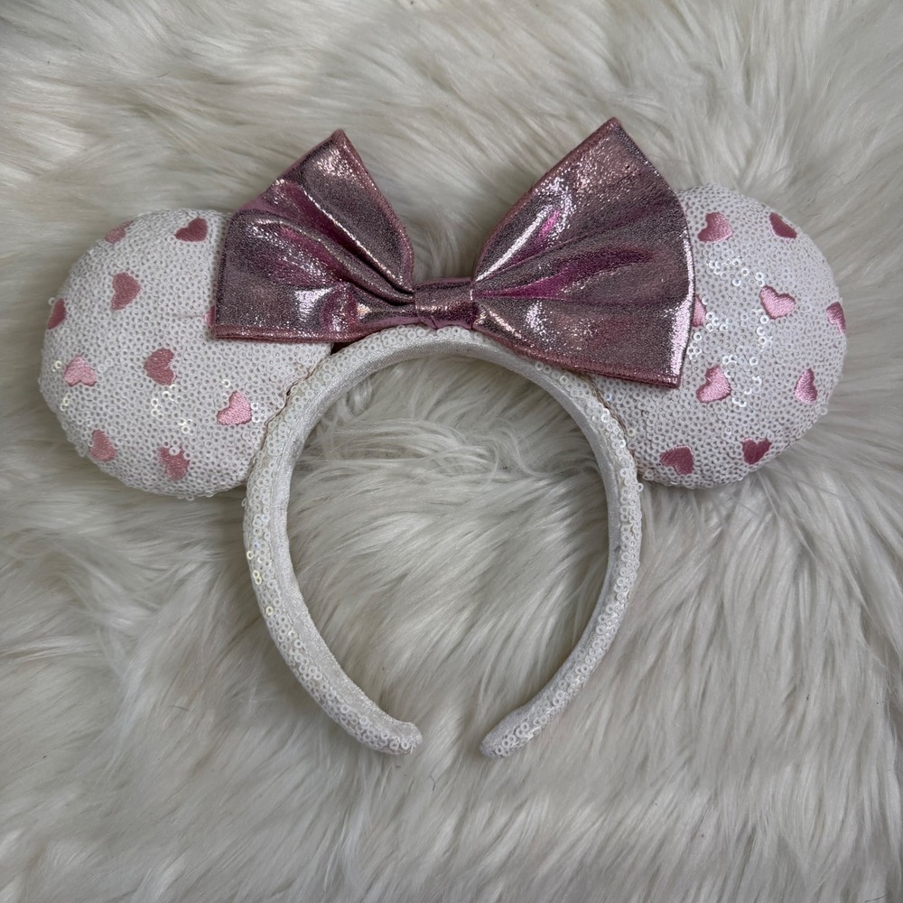 NWOT - Disney Parks - Mickey Minnie Ear Headband White Sequin Pink Hearts